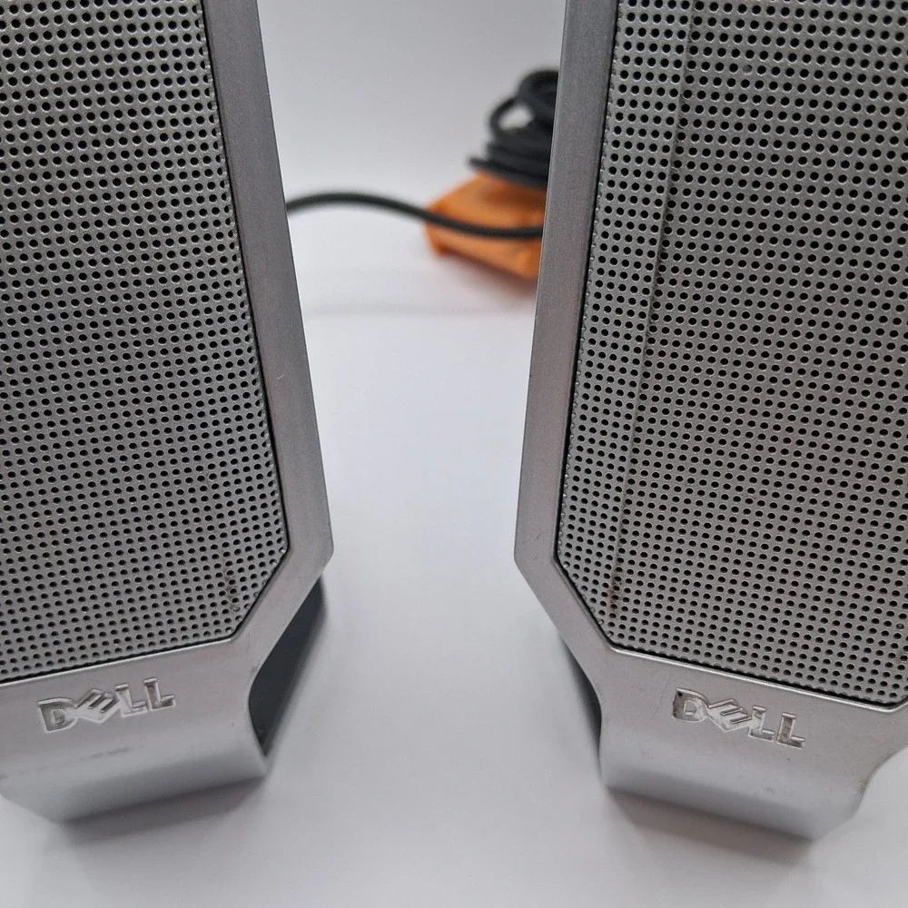 Dell Desktop Silver Speakers with Attached Cables and Power Cord